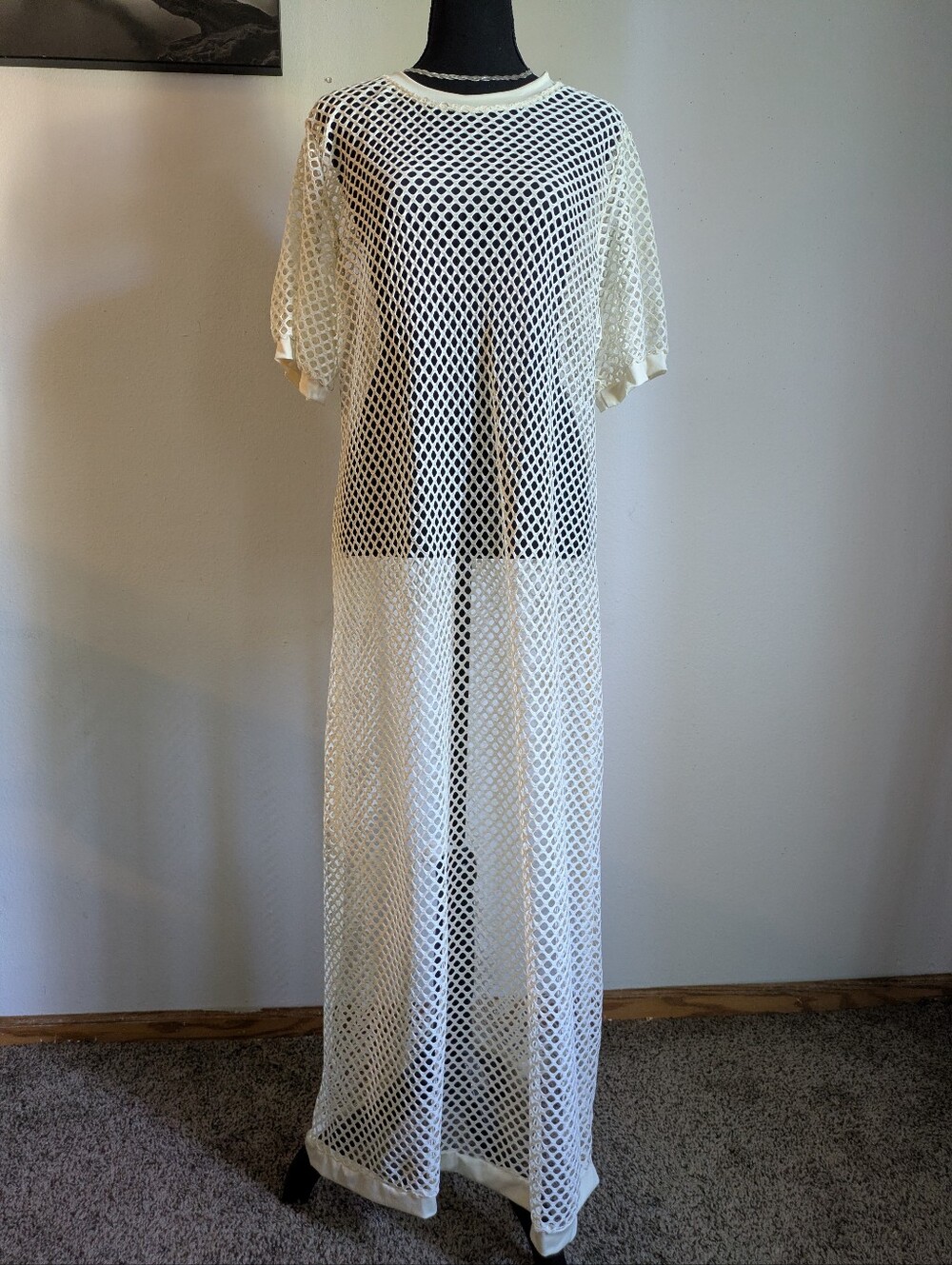 Cream Fishnet Maxi Dress Cover-Up – Size XXL – Beach, Festival, Poolside